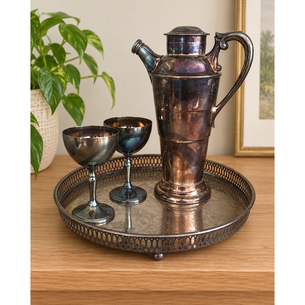 Vintage Art Deco Silverplate Barware 4 Pc Italian Pitcher Goblets Footed Tray